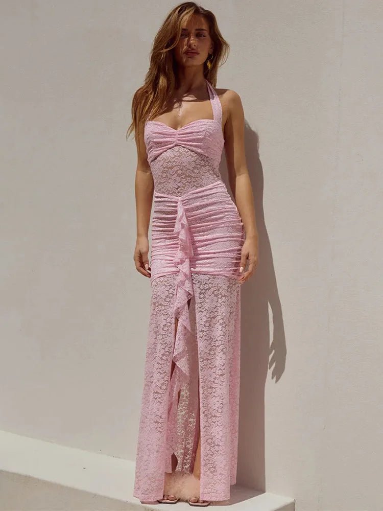 Lace Draped Maxi Dress – Elegant Backless Halter - HalleBeauty